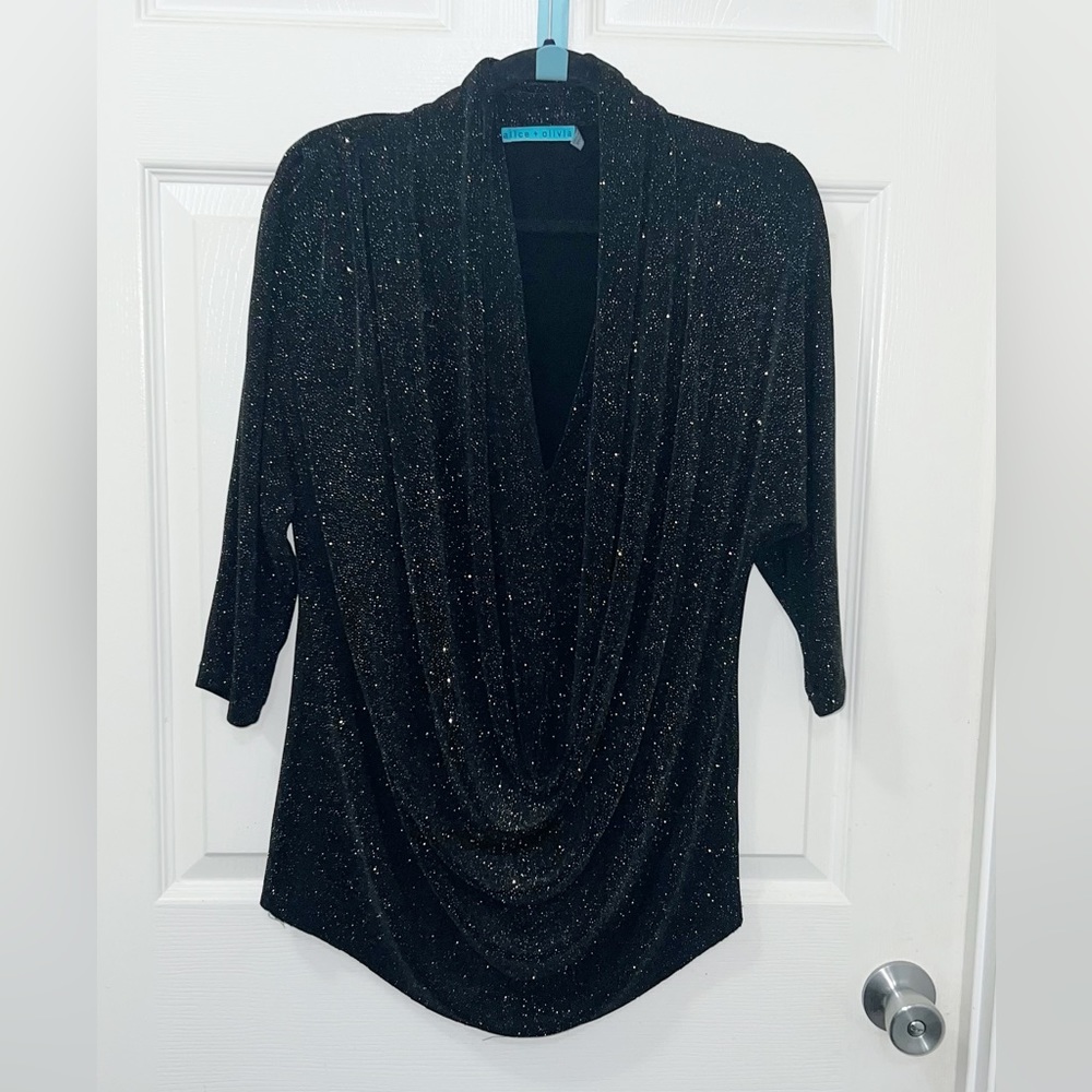 - Alice + Olivia Black Gold Shimmer Cowl Neck Long Sleeve Blouse Top